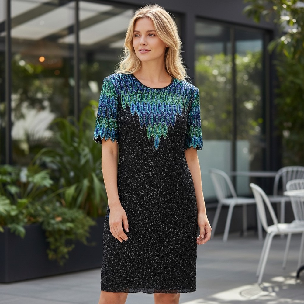 Vintage Stenay Silk Black Blue Aqua Green Beaded Sequin Cocktail Dress Gown 8NWT